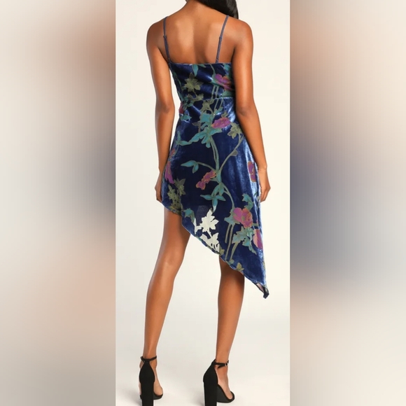 Lulus Evening With You Dark Blue Floral Velvet Asymmetrical Dress Size S - Picture 10 of 10